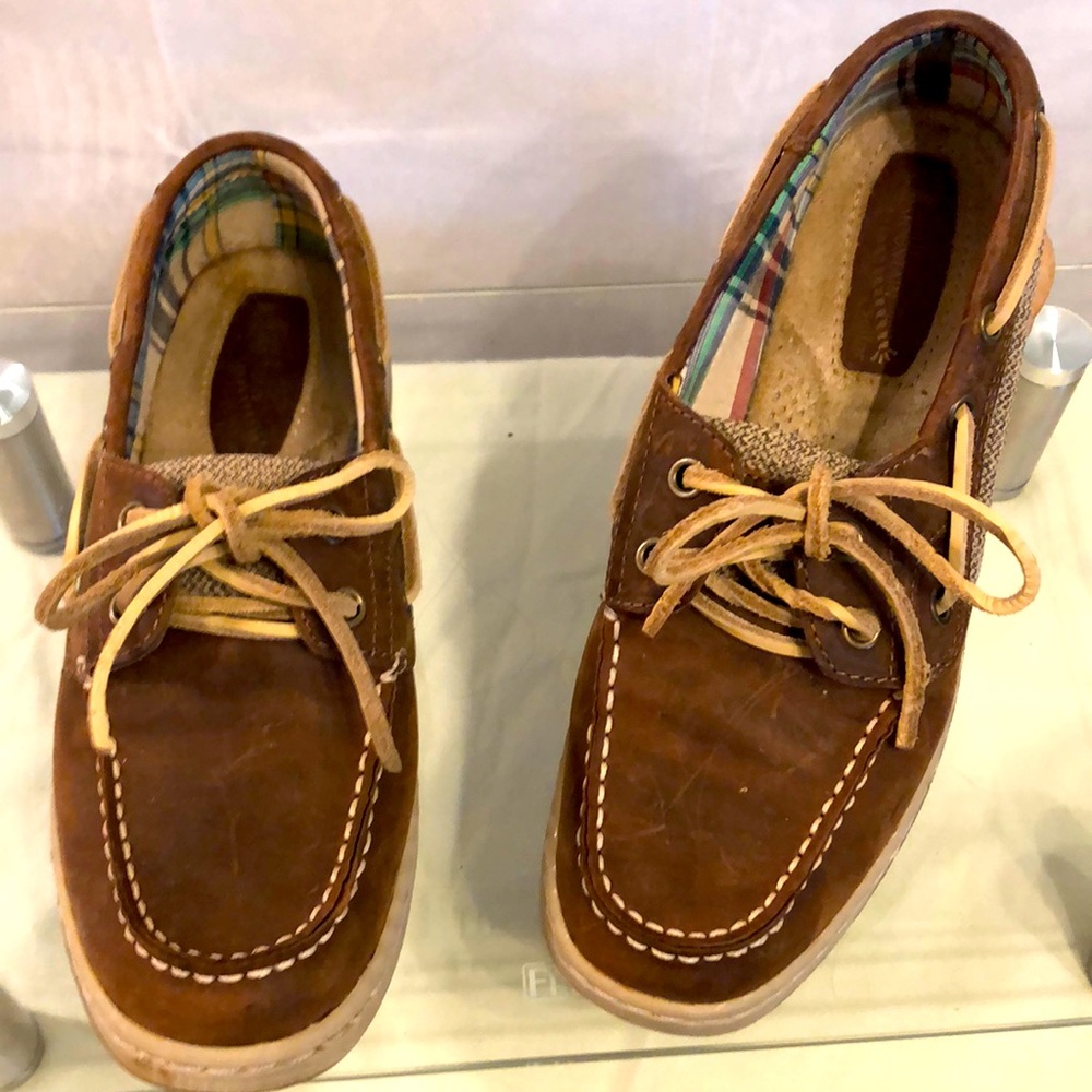 White Mountain Brown Leather/Beige Canvas Boat Shoes